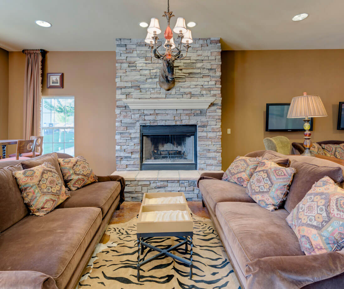 lounge area by fireplace